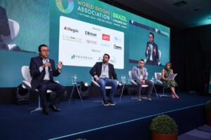  left to right: Luis Zavaleta, LATAM Environmental Sustainability & Compliance Director, PepsiCo (speaking); Rodrigo Regis, Consultant, Planning Department, Government of Paraná; Dr Airton Kunz, Senior Researcher, Embrapa Suinos e Aves; Charlotte Morton OBE, Chief Executive, World Biogas Association